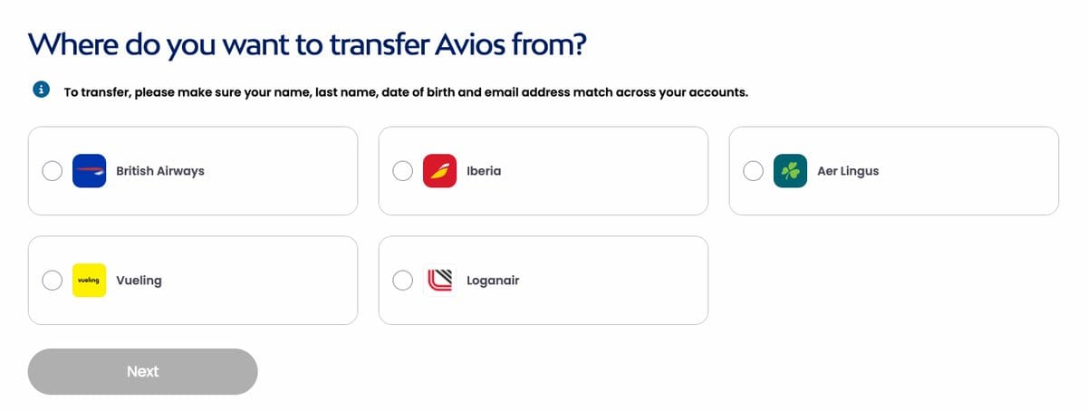 Avios Transfer Screen